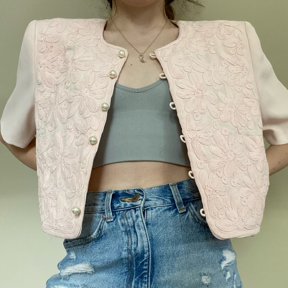 Vintage Maggie London floral embroidered pink jacket size 8